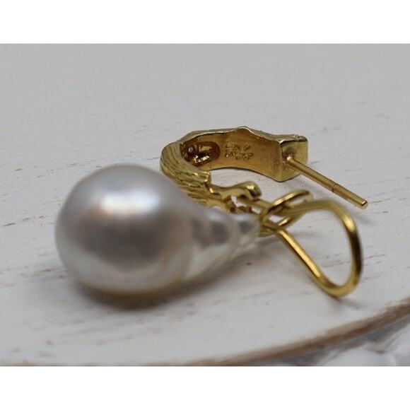 18k Yellow Gold Diamond & Pearl Hoop Earrings 14.67G/1.4in - Picture 8 of 8